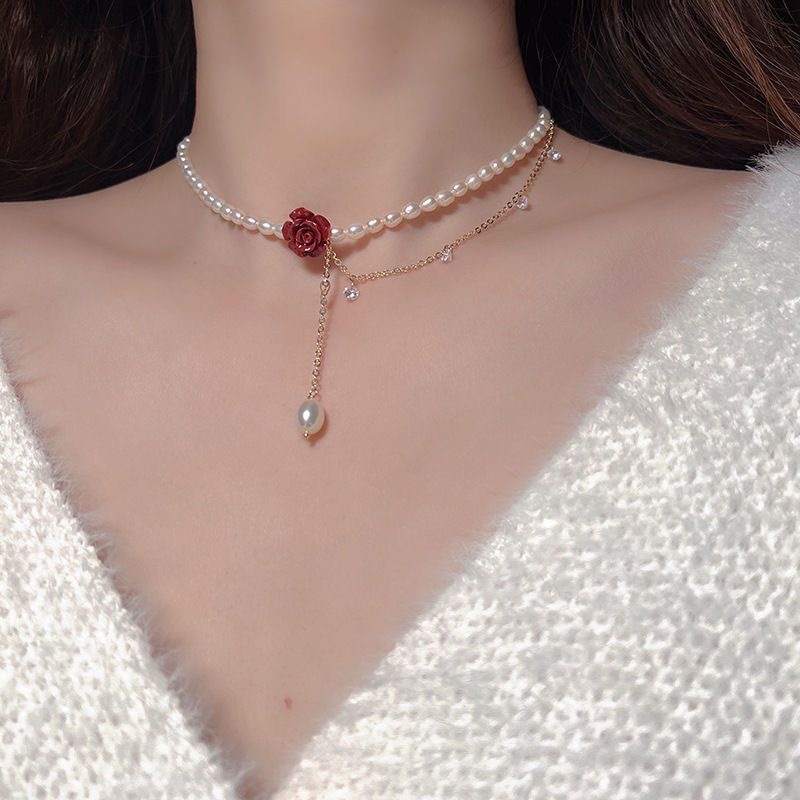 ローズジルコンパールネックレス女性の高級韓国ネックレス鎖骨チェーン気質ネックレス