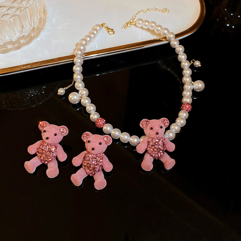 かわいいピンクのクマのイヤリング クマパールネックレス ファッションレディースアクセサリー