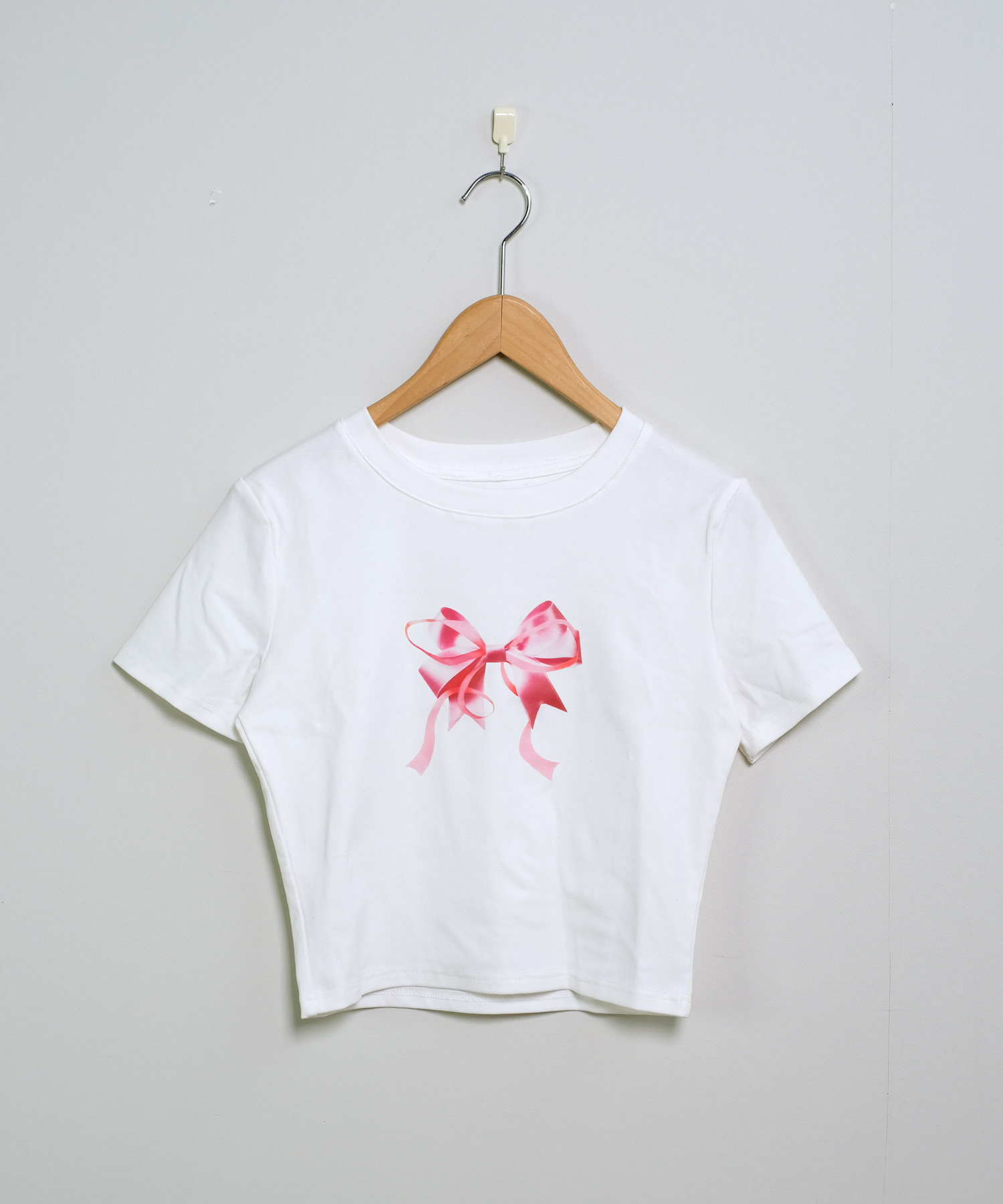 リボンプリント ショート丈 チビTシャツ ma 【即納】 レディース