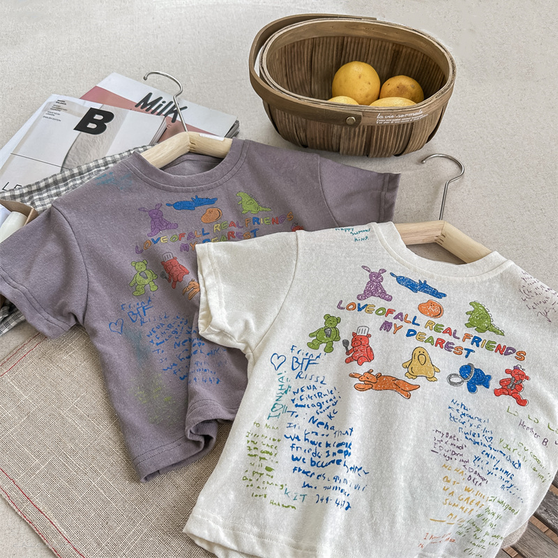 ins 夏新作　子供服　半袖Tシャツ　プリント　カジュアル　トップス　可愛い　柔らかい　Tシャツ