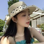 麦わら帽子　UVカット　春夏　レディース　韓国ファッション　オシャレ　リボン　ドット柄