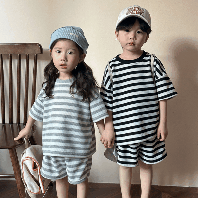 韓国風子供服 2024春夏 姉妹兄弟コーデ ボーダー柄 Tシャツ 上下セット トップス+ズボン 80-150cm