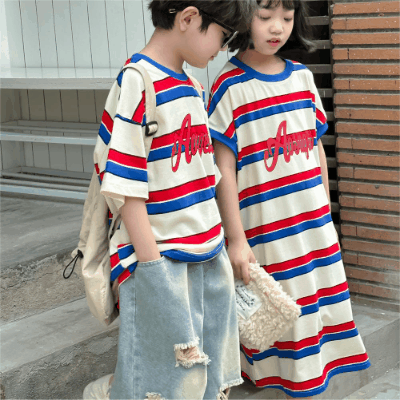 韓国風子供服 ボーダー柄 2024春夏 姉妹兄弟コーデ ワンピース&Tシャツ上着 トップス 半袖 90-150cm