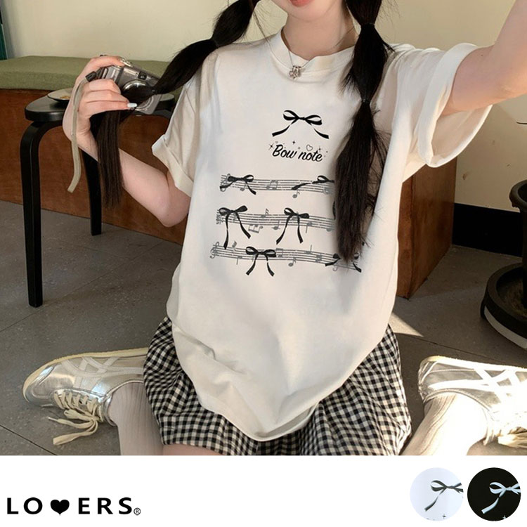 全品送料無料一部除く 楽譜リボンプリント オーバーサイズ Tシャツ MA レディース プチプラ 韓国 おしゃれ 楽譜リボンプリント オーバーサイズ Tシャツ ma 【即納