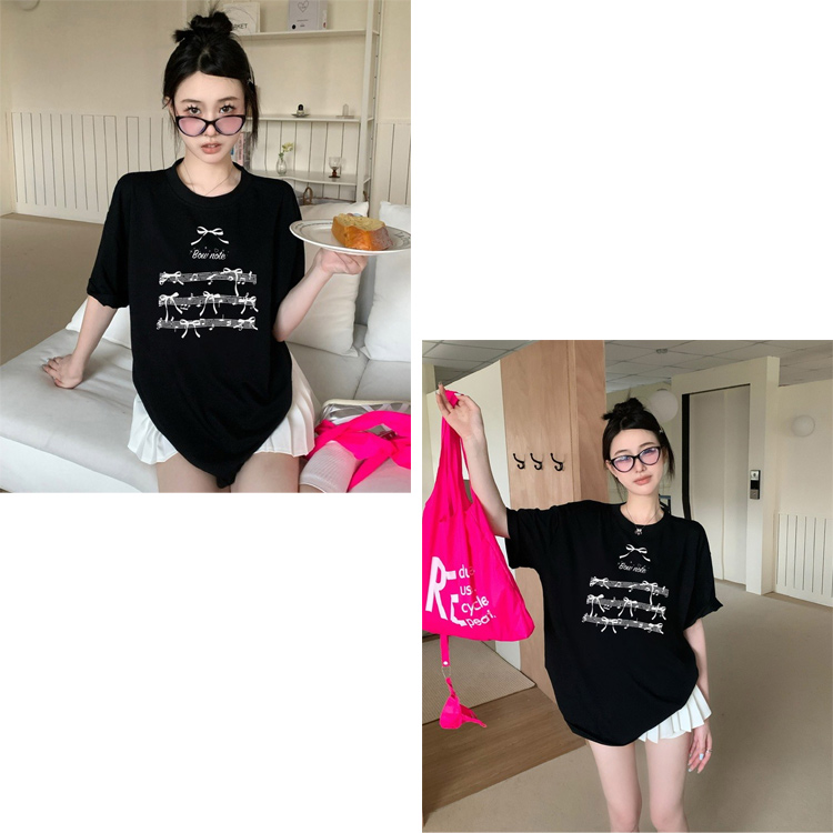 全品送料無料一部除く 楽譜リボンプリント オーバーサイズ Tシャツ MA レディース プチプラ 韓国 おしゃれ 楽譜リボンプリント オーバーサイズ Tシャツ ma 【即納
