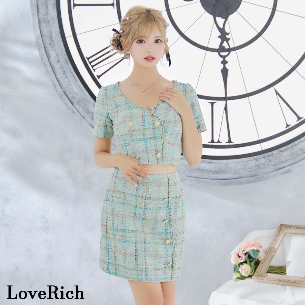 1316ツイード セットアップ チェーン チェック柄 背中隠し 谷間