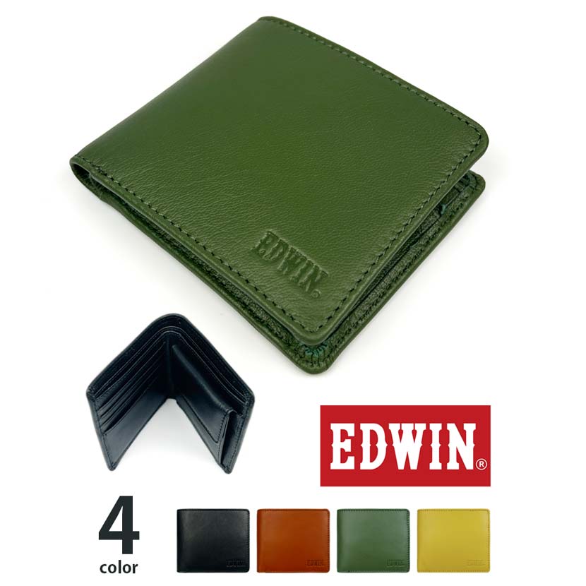 【全4色】 EDWIN エドウイン ゴートレザー 二つ折り財布 スリムウォレット 本革