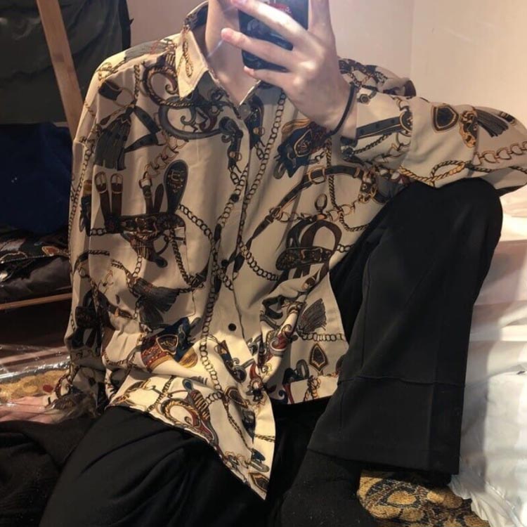 90s GOOUCH 総柄 シルク 長袖 シャツ 未使用 wine mix | khaki