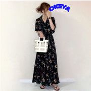 レディース服　ワンピース　Aラインワンピース　ロングワンピース　半袖　花柄　ファション
