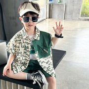 2024夏新作  ベビー服 韓国風子供服 男の子 半袖 Tシャツ+シャツ+ショートズボン3点セット 2色 90cm--150cm