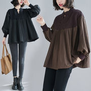 レディース シャツ 秋冬 新作 ブラウス ニット ピンタック 長袖上着 オーバー ドッキング