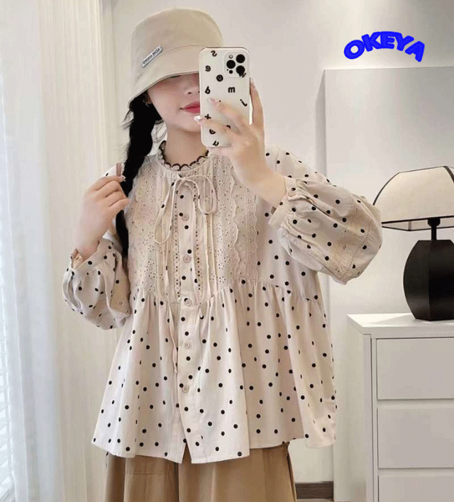 2024年秋新作　レディース服　トップス　シャツ　長袖　ゆったり　ドット柄　レース　コットン　2色展開