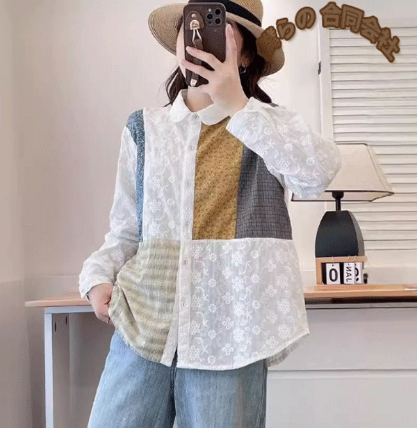 2024年秋新作　レディース服　長袖　シャツ　切り替え　ゆったり　カジュアル　トップス　2色展開