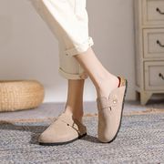 レディース 丸いつま先の靴 冬用裏起毛 保温レザー ハーフベルベット（ミルクキャメル）