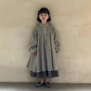 子供服　90~150cm　キッズワンピース　パフスリーブシャツワンピー　韓国キッズ服