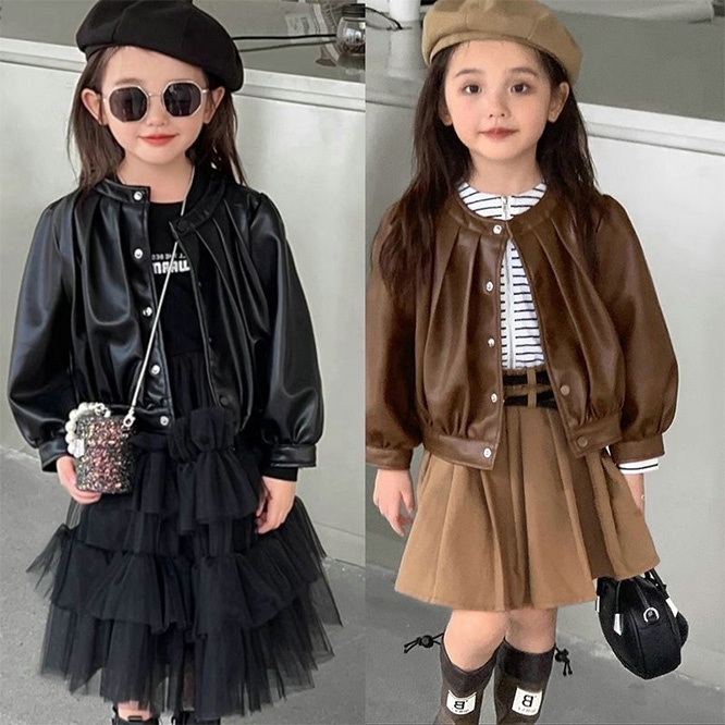 2025春新作 韓国風女の子 ラウンドネックプリーツレザージャケット