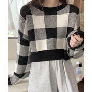 チェック柄ニット ショート丈 長袖ニット