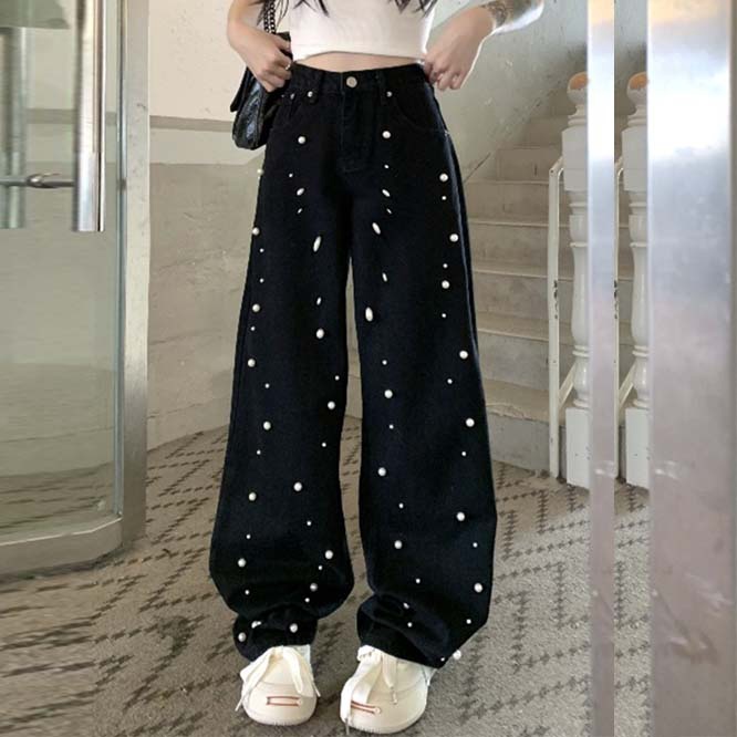 【2023秋新作】韓国風レディース服　夏秋　着痩せ　ボトムス　おしゃれ　パール飾り　デニムロングパンツ