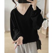 Vネック 着やせ 長袖プルオーバー 無地