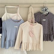 SHENJ☆2025春新作 韓国風女の子無地OR小花柄裾フリル長袖シャツ全3種類