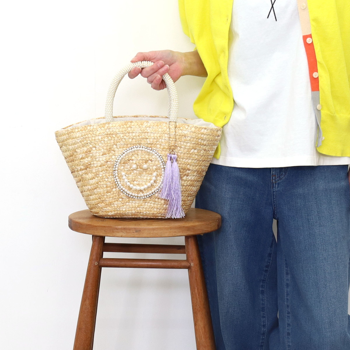 2025新作【COOCO クーコ】SMILEY パール刺繍ビーズハンドル カゴバッグ