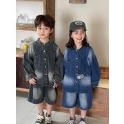 2025新作 韓国風子供服  人気  長袖 デニムシャツ&ハーフパンツ  カジュアルスーツ 2色  80-140cm