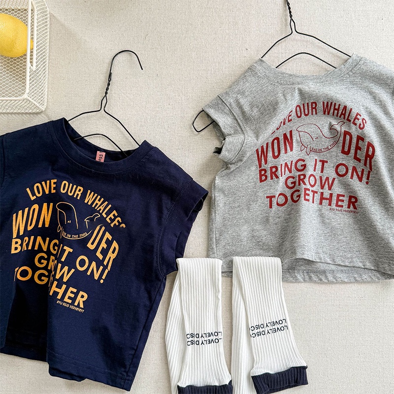 SHENJ☆2025子供服夏物 韓国風プリント 女児用ノースリーブTシャツ 男児用肌着