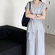 u27391 トップス レディース シャツ ボトムス ワイドパンツ 二点セット セットアップ 2025春夏新作 3色