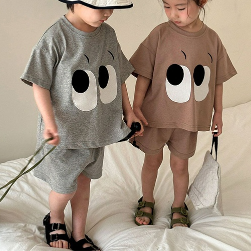 QQMM☆子供用 夏用スポーツセット 純綿「目玉プリント」半袖Tシャツ付きベビー服2点セット
