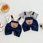 FLM☆夏用ベビーフェイクツーピース半袖ロンパース 男の子用ポケット付オーバーオール