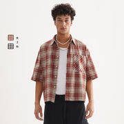 メンズ 新作 チェック柄半袖シャツ レトロ ゆったり シャツジャケット ステンカラー ユニセックス★全2色