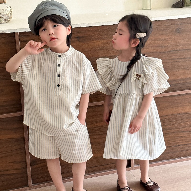 [80-150cm] 兄妹コーデ ストラップ柄ワンピース セットアップ 女の子男の子 韓国風 春夏 キッズ 子供服