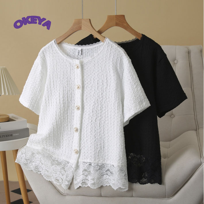 2025年夏新作 レディース服 トップス シャツ 切り替え レース 前開き 韓国風 可愛い 3XL#-5XL#