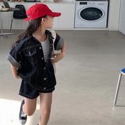 韓国子供服 女の子デニムセットアップ 半袖シャツ＋キッズショートパンツ