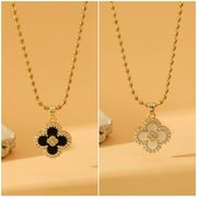 2色 ステンレスネックレス   黒 白  クローバーネックレス　クローバーアクセサリー  ビーズネックレス