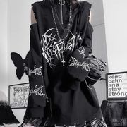 ダークプリント ジップ付き立ち襟 ルーズシルエット オフショルダー長袖Tシャツ