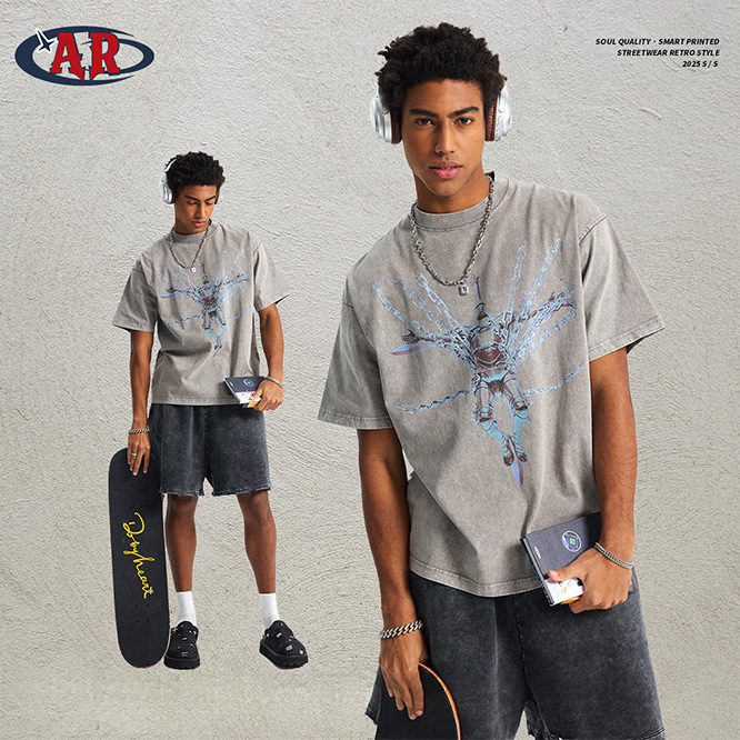 ARTIE☆2025春夏ストリート系オーバーサイズヘビーコットンウォッシュ加工プリントTシャツ