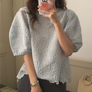 韓国風 高級刺繍 花柄 パフスリーブ ゆったりシャツブラウス