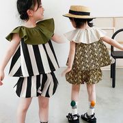SEC☆2025夏 女の子用 フリル襟ストライプ花柄トップス＋ショートパンツ 3?8歳