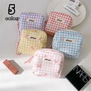 韓国風チェック柄ミニポーチ 化粧品・リップ・イヤホン収納 学生向け 携帯便利