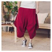 レトロ風リネンハーレムパンツ 夏用七分丈 大サイズゆったり