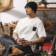メンズファッション ポケット付き半袖Tシャツ 美式ストリート系 ゆったりカジュアルトップス★全2色