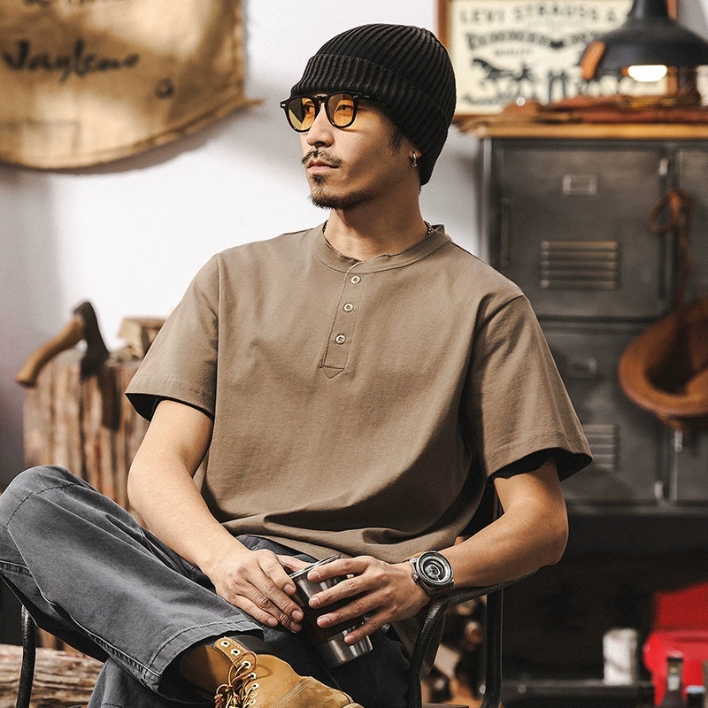 メンズ 新作 250g ヘンリーネック半袖Tシャツ カジュアルトップス 春夏 ゆったりストリート★全7色