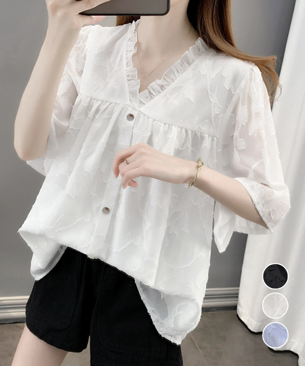 Vネックフリルブラウス 花柄刺しゅう夏服【ゆうパケット】 日本倉庫即納】 Vネックフリルブラウス 花柄刺しゅう夏服 | 卸売