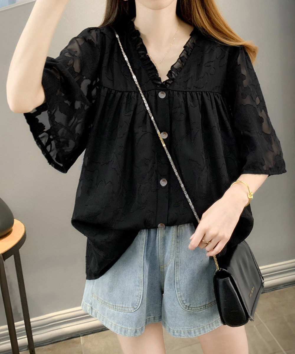 日本倉庫即納】 Vネックフリルブラウス 花柄刺しゅう夏服 | 卸売