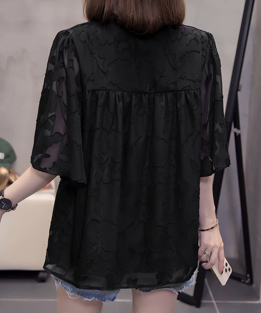 日本倉庫即納】 Vネックフリルブラウス 花柄刺しゅう夏服 | 卸売