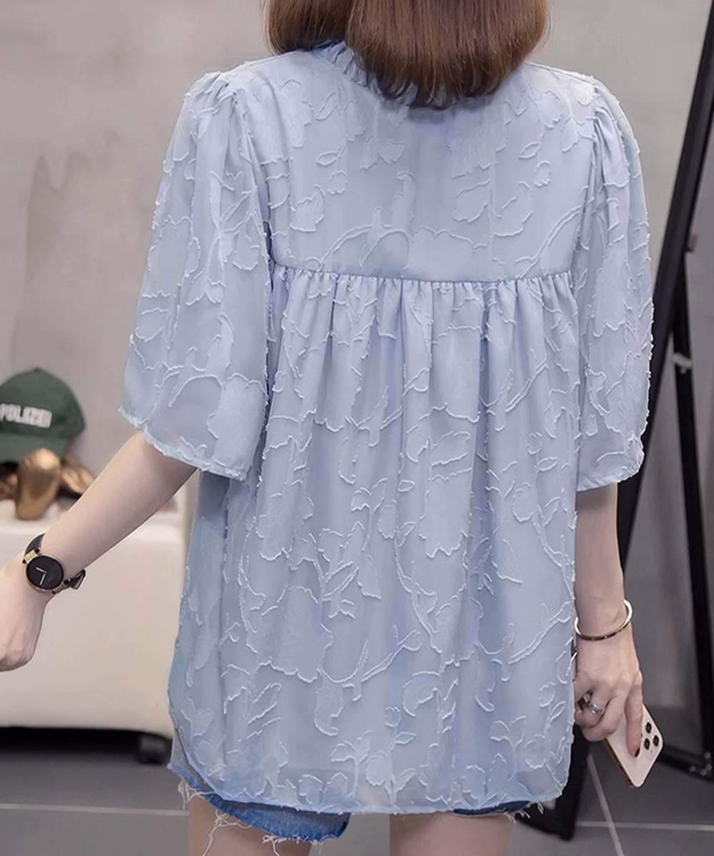 Vネックフリルブラウス 花柄刺しゅう夏服【ゆうパケット】 日本倉庫即納】 Vネックフリルブラウス 花柄刺しゅう夏服 | 卸売