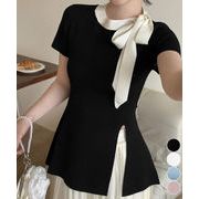 【日本倉庫即納】 リボン付きニットトップス サイドスリット