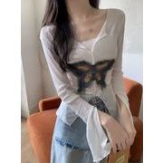 Tシャツ 長袖 ブラウス メッシュ スリム Ｖネック