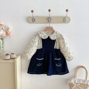 [80-130cm] 女の子 花柄ピーターパンカラーブラウス 長袖トップス サロペットワンピース キッズ 韓国風